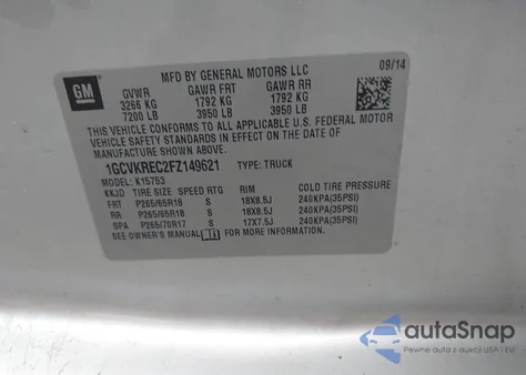 2015 Chevrolet Silverado K1500 Lt z USA, uszkodzony, nr VIN 1GCVKREC2FZ149621